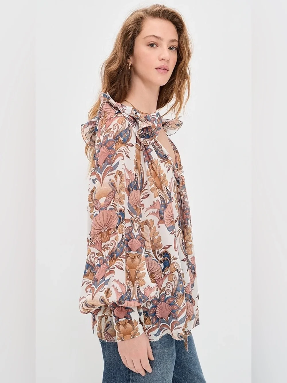 Farm Rio Off-White Sea Garden Ruffled Long Sleeve Blouse M